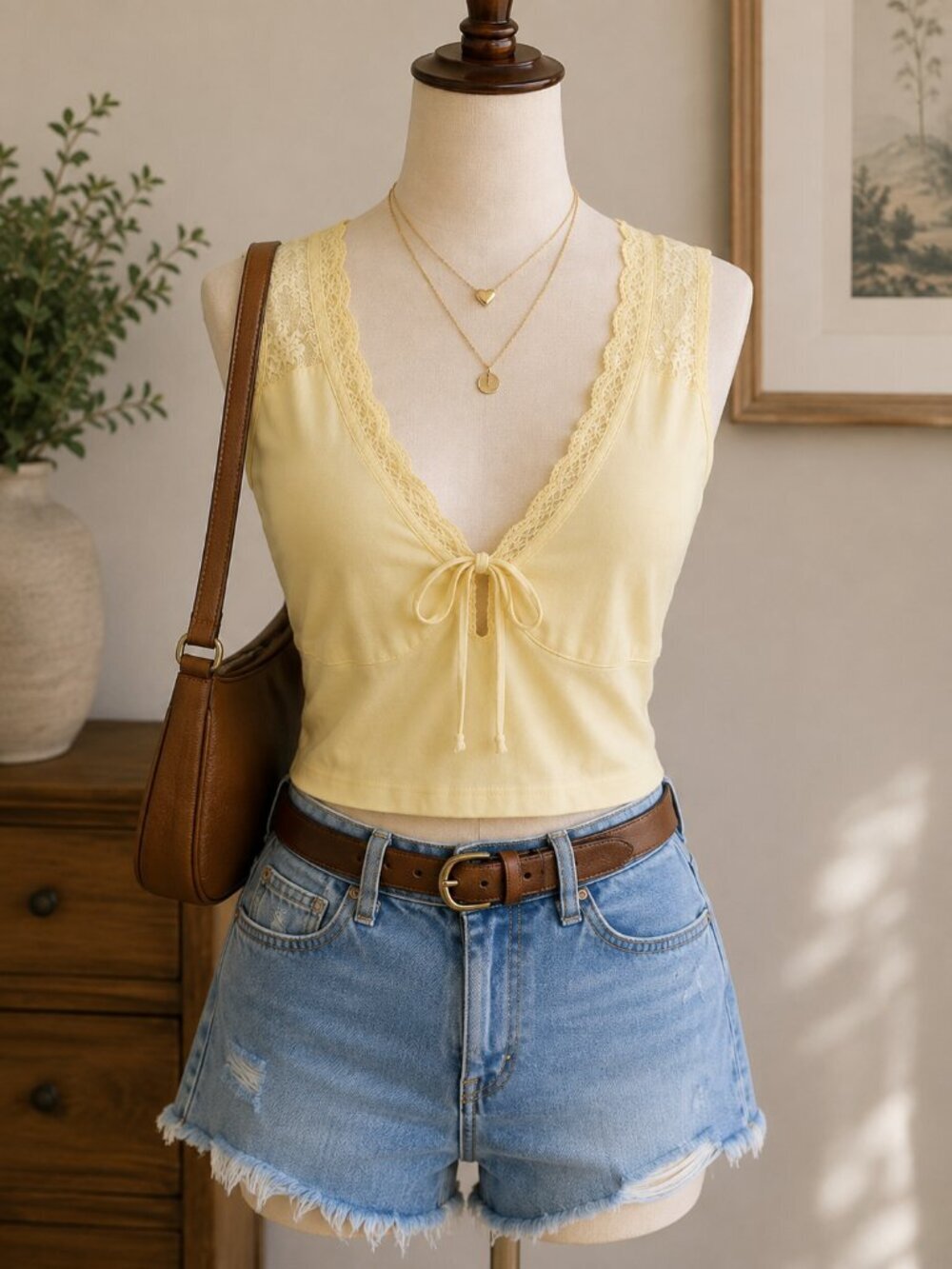 Wild Fable NWT Yellow Lace Trim Tie Front V Neck Tank Top Size M Y2K Cottagecore